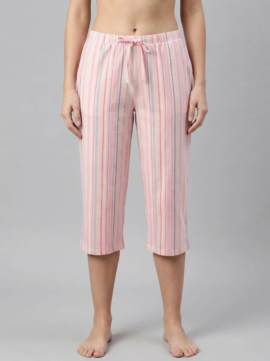 La Vie en Rose Crystal Rose Multi Stripe Women Pink Stripe Cotton Capris SKU: 40200821_P60456 Image 00