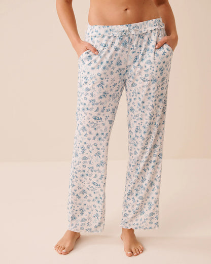 La Vie en Rose Snow White Victorian Women Floral Print Ruffle Hem Pointelle Pajama Pants SKU: 40200838_P10589 Image 01