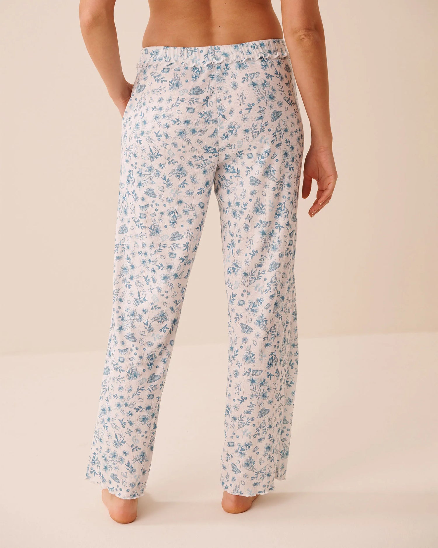 La Vie en Rose Snow White Victorian Women Floral Print Ruffle Hem Pointelle Pajama Pants SKU: 40200838_P10589 Image 02