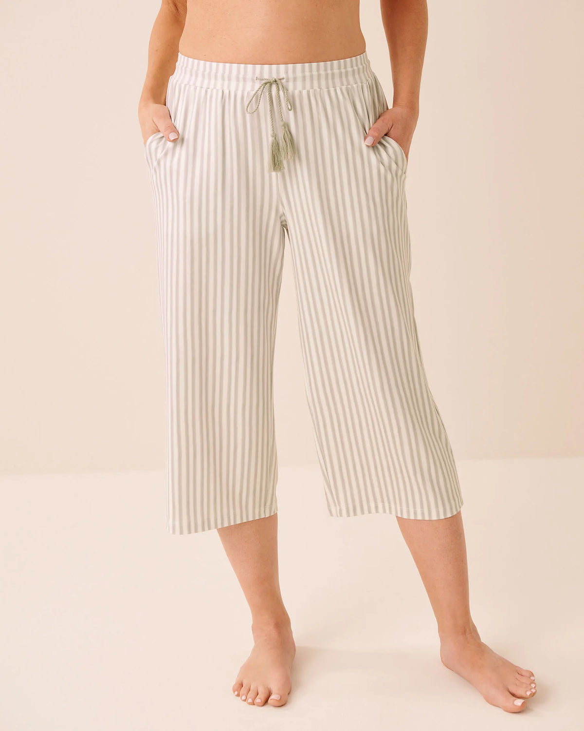 La Vie en Rose Snow White Desert Sage Stripe Women Super Soft Striped Pajama Capris SKU: 40200845_P10609 Image 01