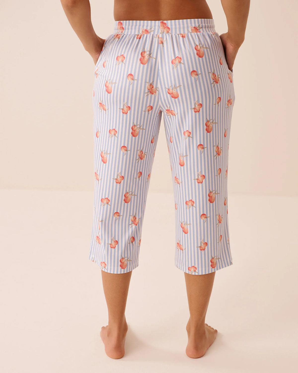 La Vie en Rose Brunnera Blue Peaches Women Peach &amp; Stripe Print Super Soft Pajama Capris SKU: 40200847_P40575 Image 02