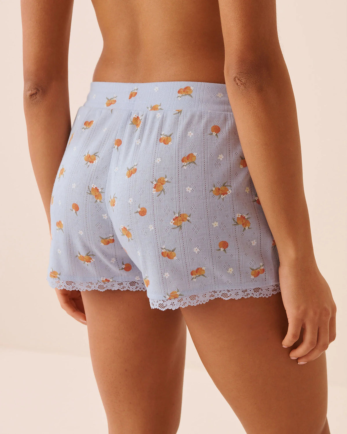 La Vie en Rose Xenon Blue Peach Women Peach Print Lace Trim Pointelle Pajama Shorts SKU: 40200850_P40576 Image 02
