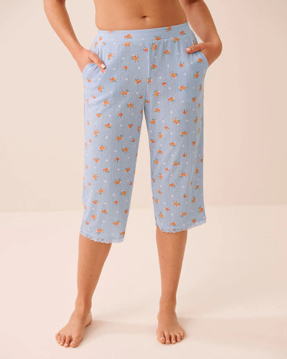 La Vie en Rose Xenon Blue Peach Women Peach Print Lace Trim Pointelle Pajama Capris SKU: 40200851_P40576 Image 01