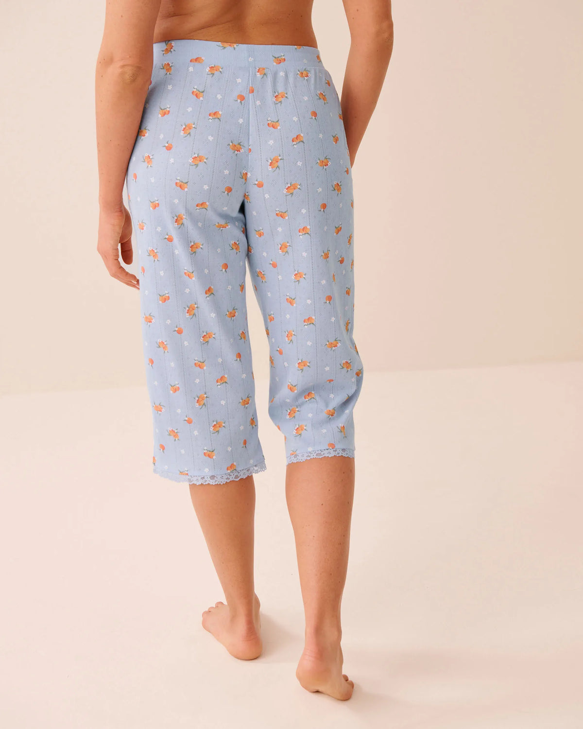La Vie en Rose Xenon Blue Peach Women Peach Print Lace Trim Pointelle Pajama Capris SKU: 40200851_P40576 Image 02