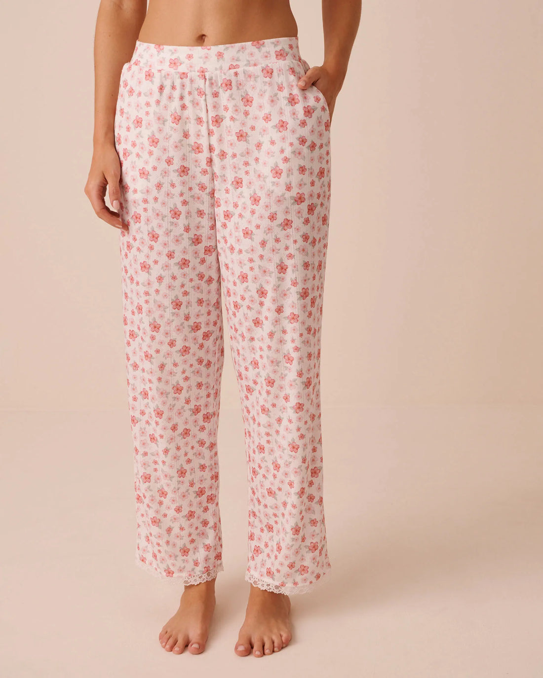 La Vie en Rose Snow White Hibiscus Women Hibiscus Print Lace Trim Pointelle Pajama Pants SKU: 40200852_P10608 Image 01
