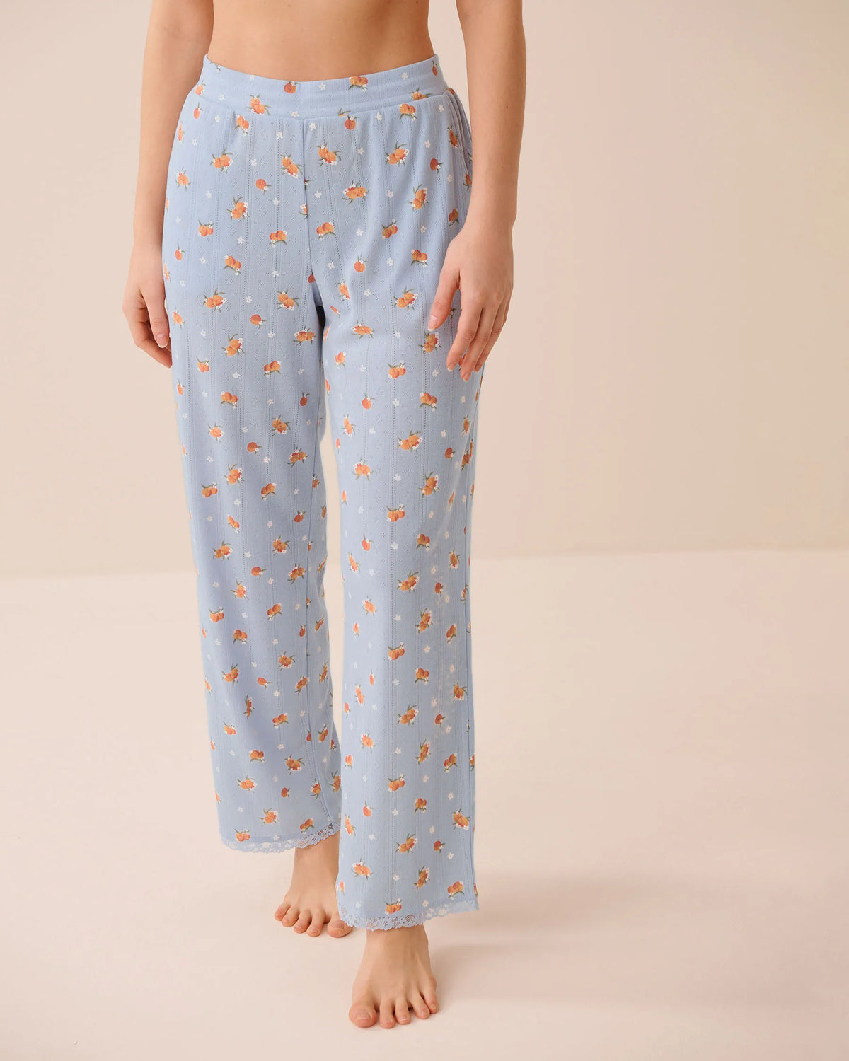 La Vie en Rose Xenon Blue Peach Women Peach Print Lace Trim Pointelle Pajama Pants SKU: 40200852_P40576 Image 01