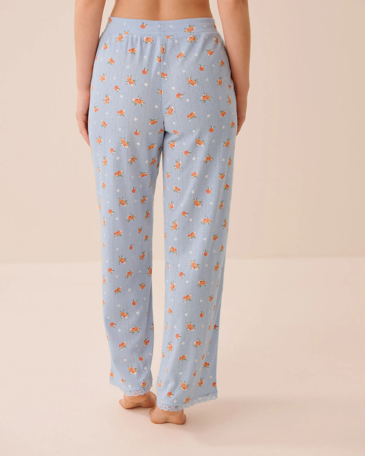 La Vie en Rose Xenon Blue Peach Women Peach Print Lace Trim Pointelle Pajama Pants SKU: 40200852_P40576 Image 02