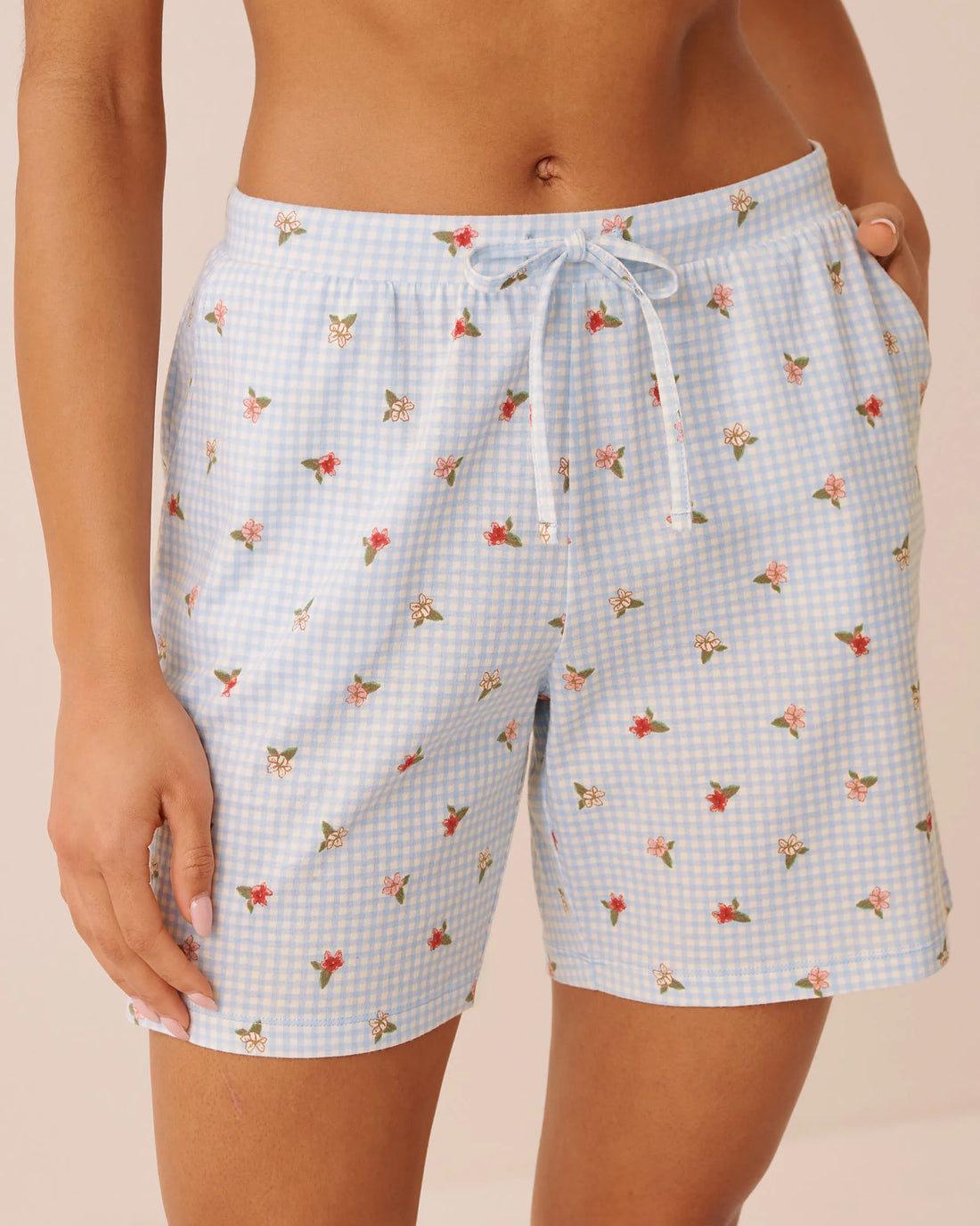 La Vie en Rose Subdued Blue Gingham Floral Women Gingham Floral Print Cotton Pyjama Bermuda Shorts SKU: 40200876_P40620 Image 01