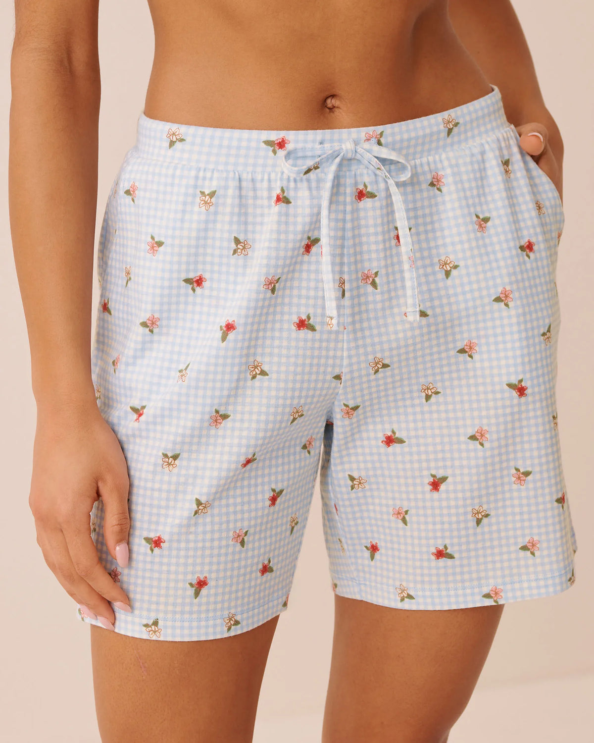 La Vie en Rose Subdued Blue Gingham Floral Women Gingham Floral Print Cotton Pyjama Bermuda Shorts SKU: 40200876_P40620 Image 01