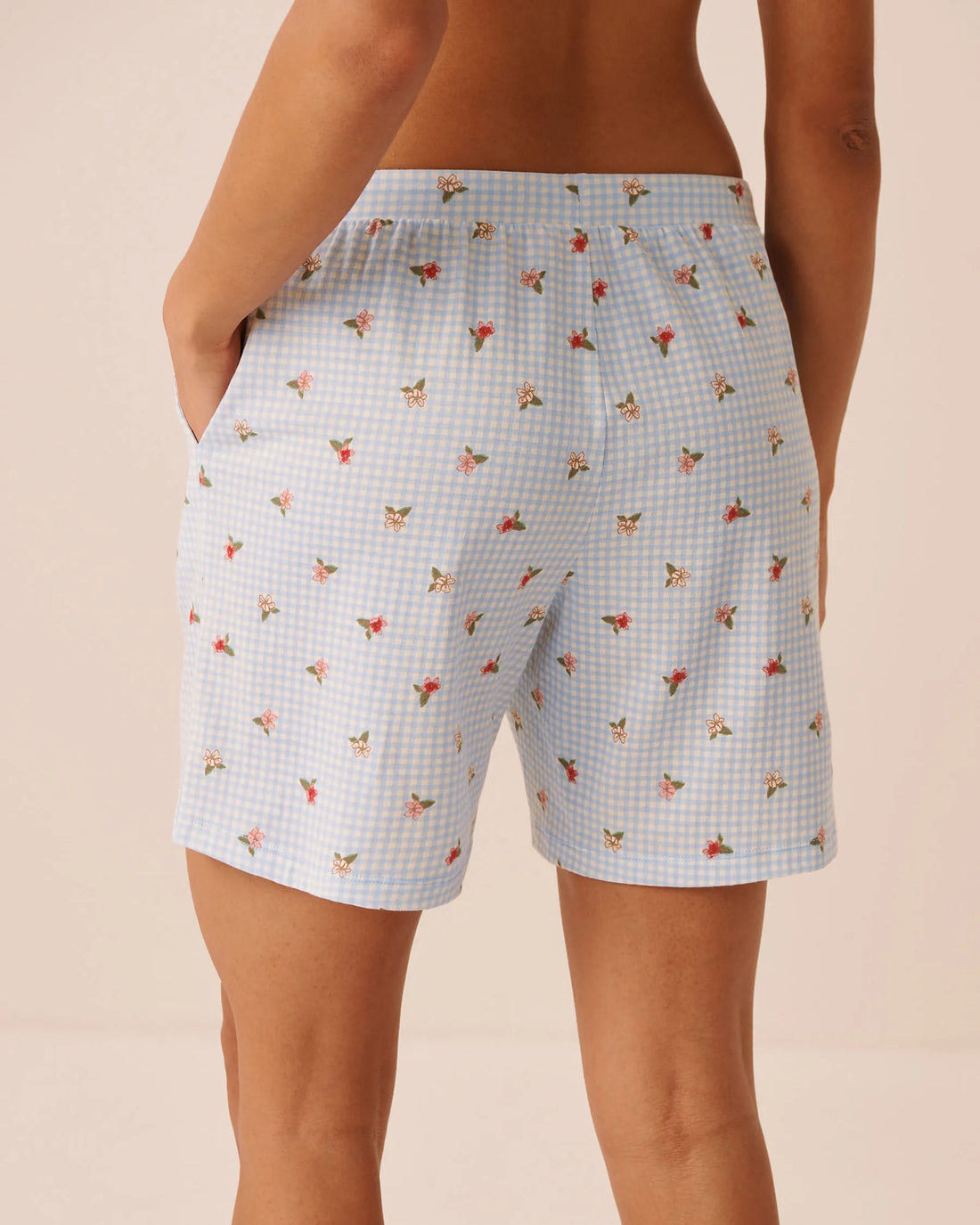La Vie en Rose Subdued Blue Gingham Floral Women Gingham Floral Print Cotton Pyjama Bermuda Shorts SKU: 40200876_P40620 Image 02