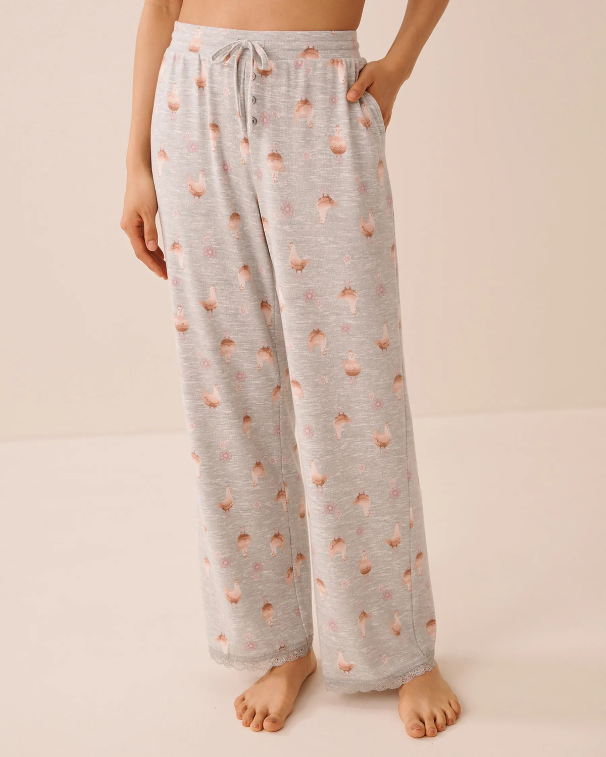 La Vie en Rose Belgium Block Printed Mix Women Chicken Print Lace-Trim Soft Knit Pajama Pants SKU: 40200882_P30166 Image 01