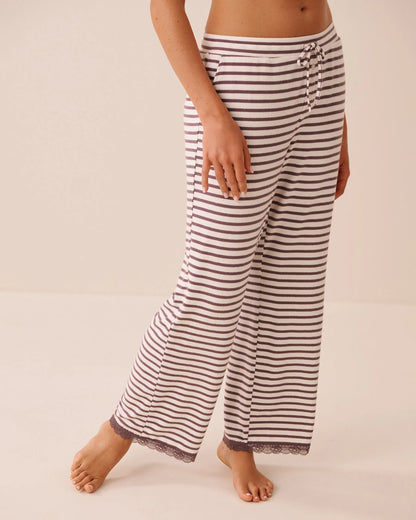 La Vie en Rose Black Plum Stripe Women Striped Lace-Trim Soft Knit Pajama Pants SKU: 40200882_P50120 Image 01