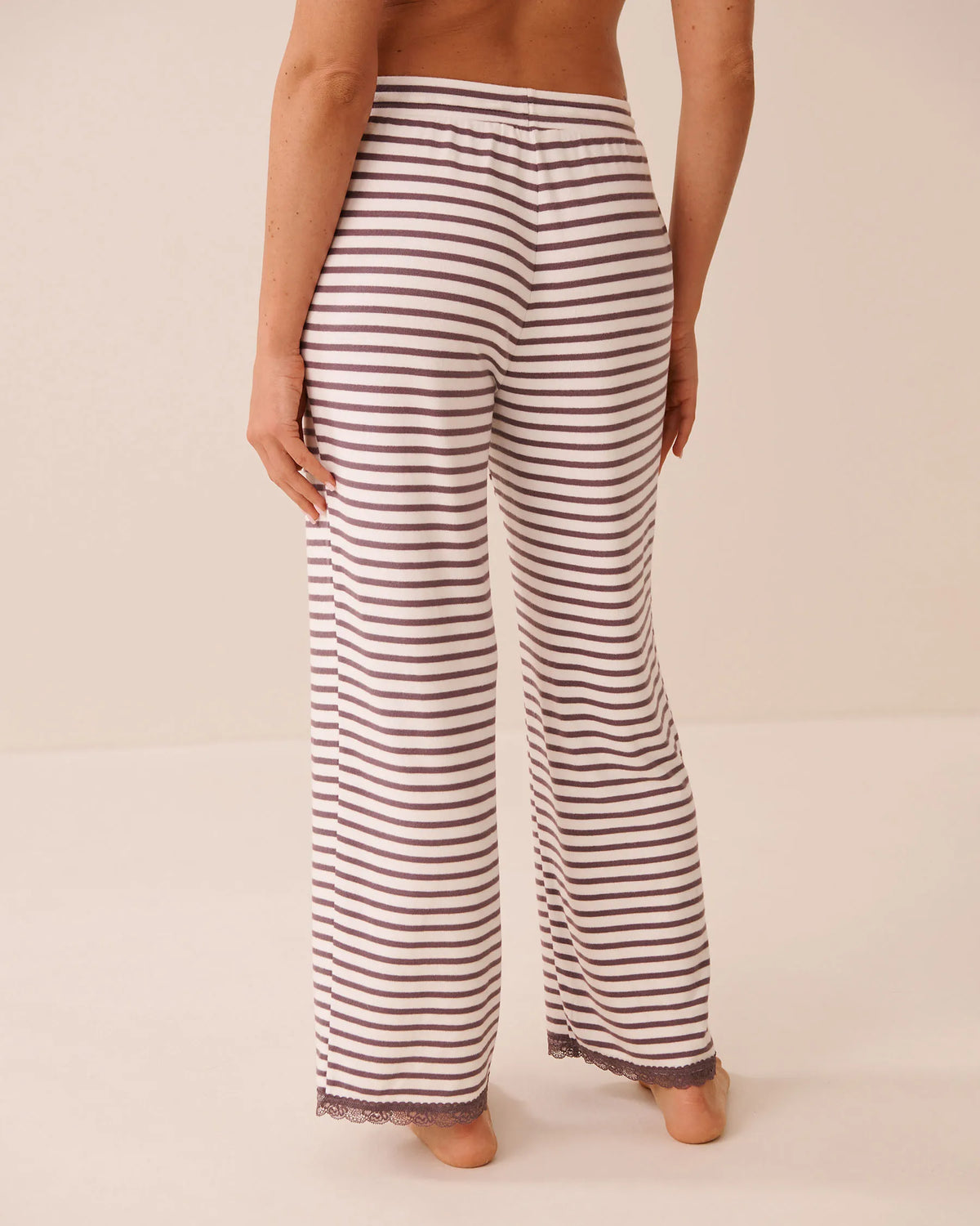 La Vie en Rose Black Plum Stripe Women Striped Lace-Trim Soft Knit Pajama Pants SKU: 40200882_P50120 Image 02