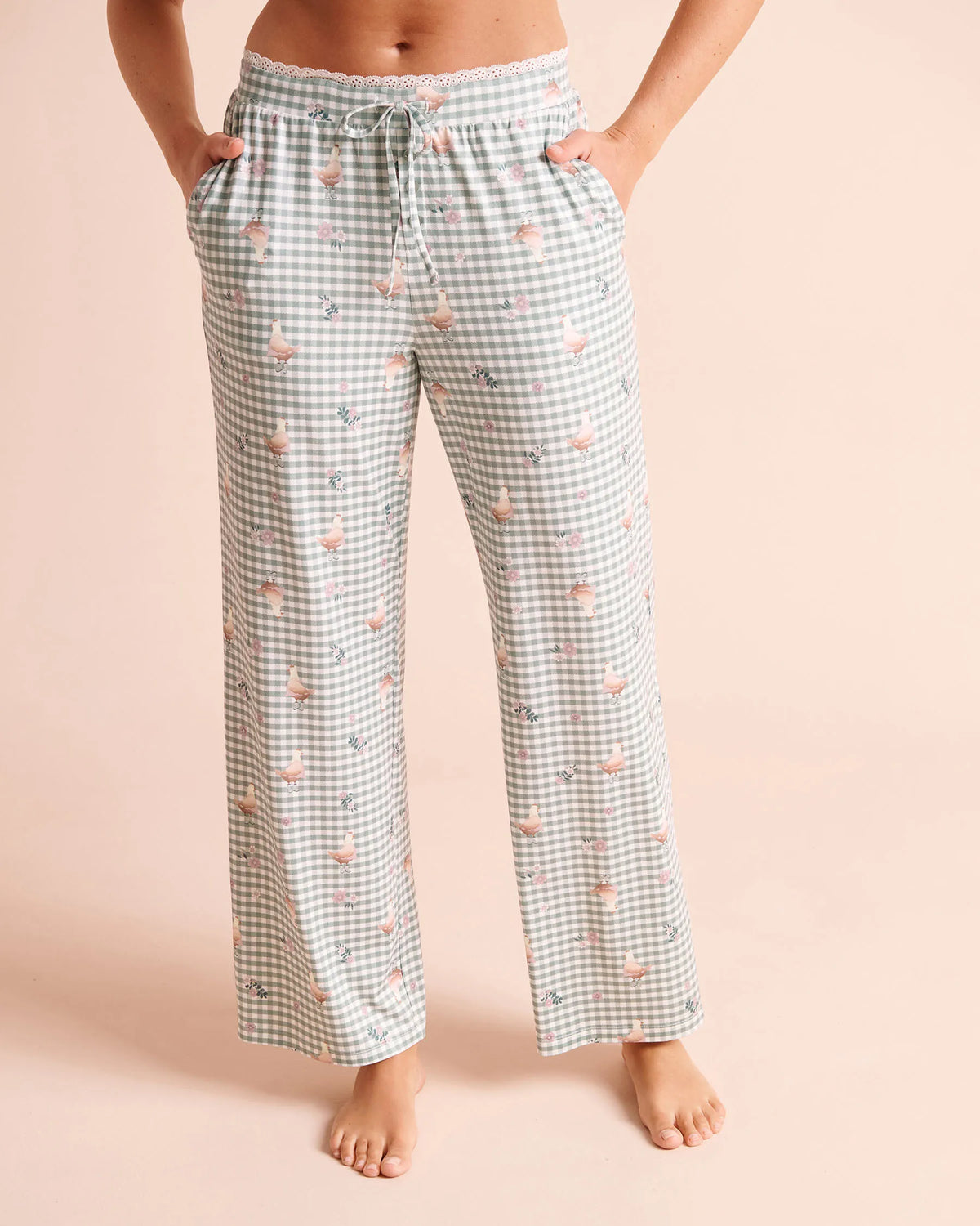 La Vie en Rose Green Milieu Gingham Chickens Women Chicken Gingham Print Super Soft Pajama Pants SKU: 40200889_P30168 Image 01