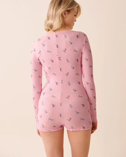 La Vie en Rose_Cherry Blossom Ski_Skiing Bear Print Pointelle Long Sleeve Romper_40300061_P60431_02