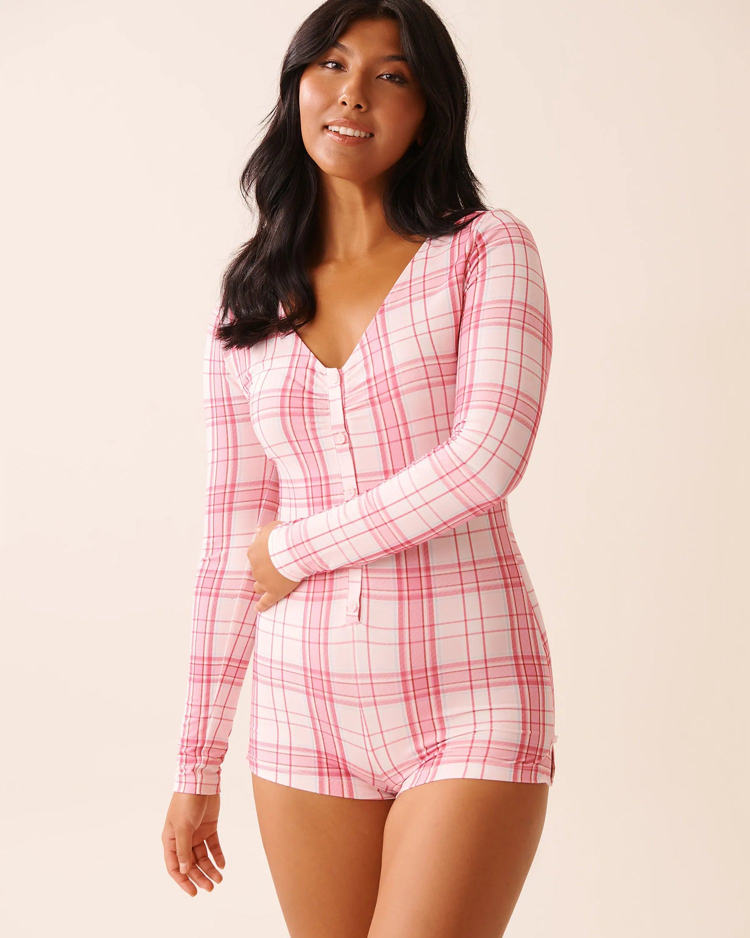 La Vie en Rose_Cherry Blossom Pink Plaid_Pink Plaid Super Soft Long Sleeve Romper_40300062_P60427_01