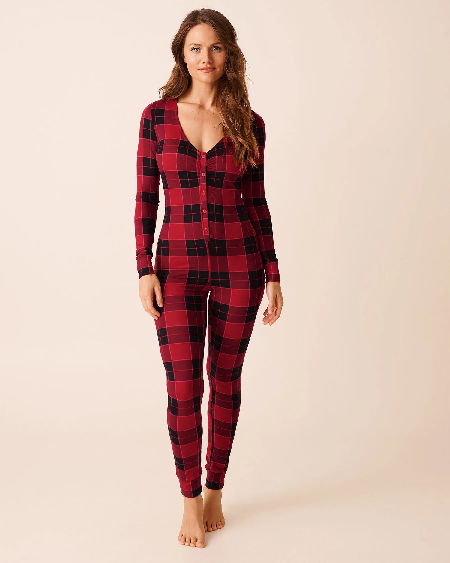 La Vie en Rose_Savvy Red Buffalo Plaid_Buffalo Plaid Super Soft Long Sleeve Jumpsuit_40300066_P60428_02