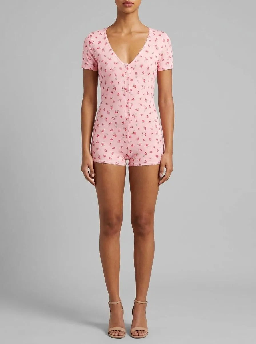 La Vie en Rose_Tickled Pink Strawberry_Spa Time Teddy Print Super Soft Short Sleeve Rompe_40300069_P60440_00