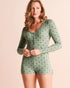 La Vie en Rose Green Milieu Flowers Women Floral Bouquet Print Lace-Trim Super Soft Long Sleeve Romper SKU: 40300070_P30165 Image 01