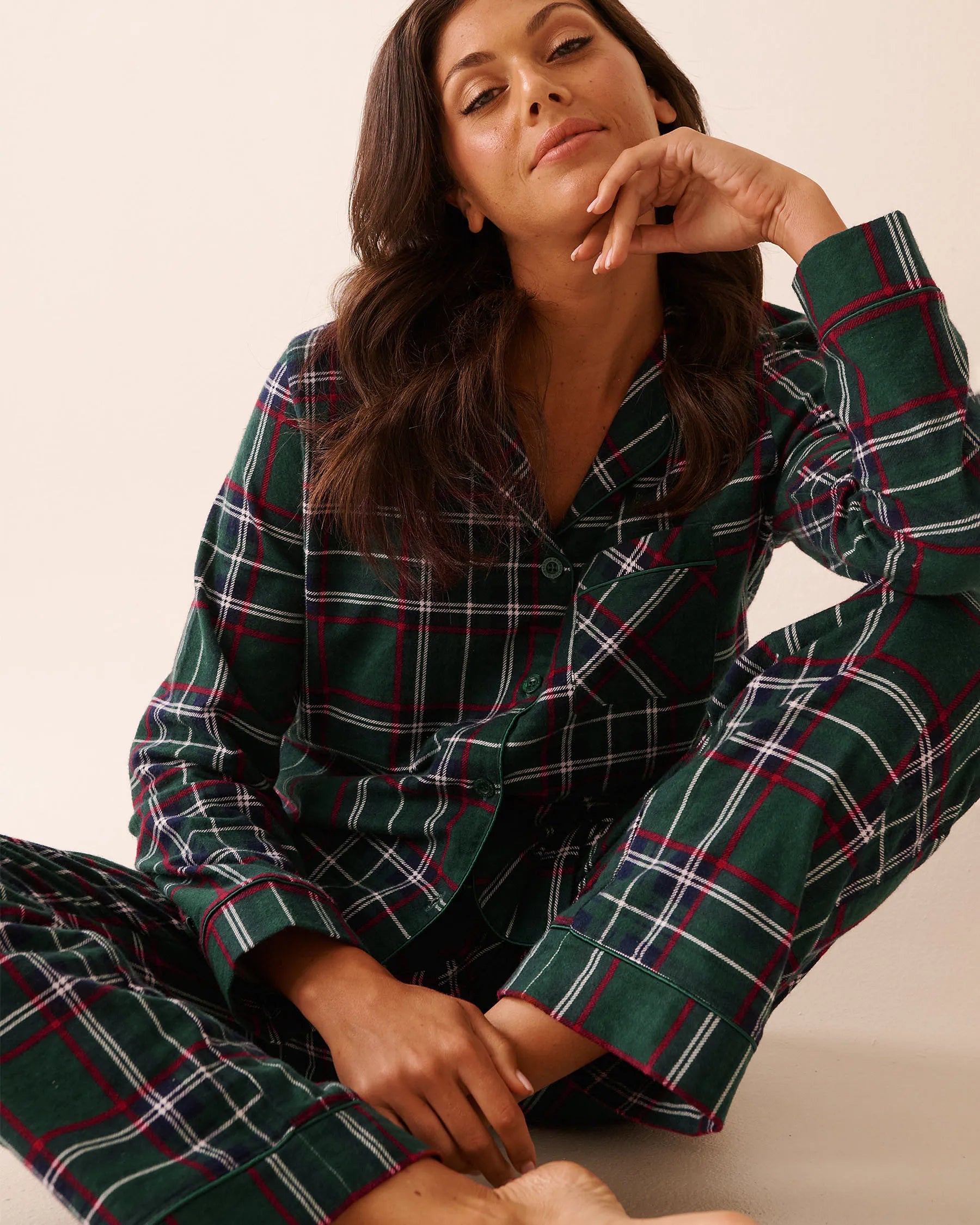 La Vie en Rose_Botanical Green Plaid_Green Plaid Flannel Pj Set_40400089_P30141_01