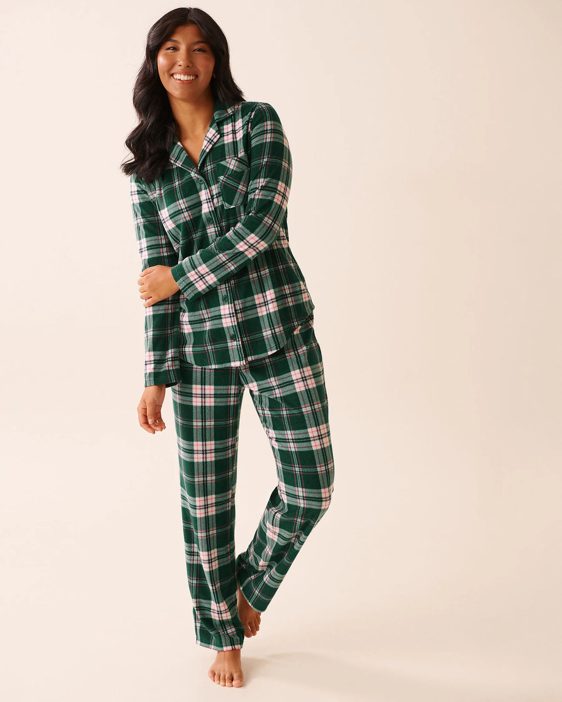 La Vie en Rose_Botanical Garden Plaid_Green Plaid Microfleece Pj Set_40400090_P30128_02