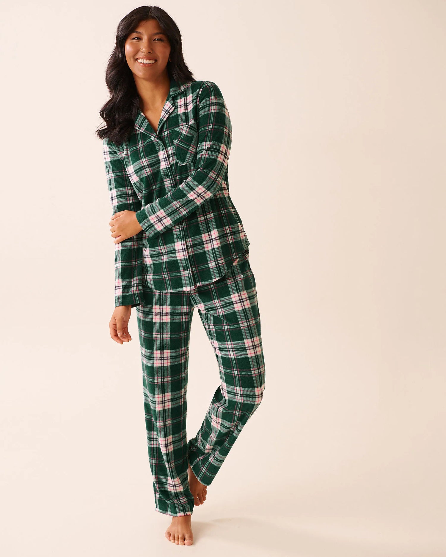 La Vie en Rose_Botanical Garden Plaid_Green Plaid Microfleece Pj Set_40400090_P30128_02