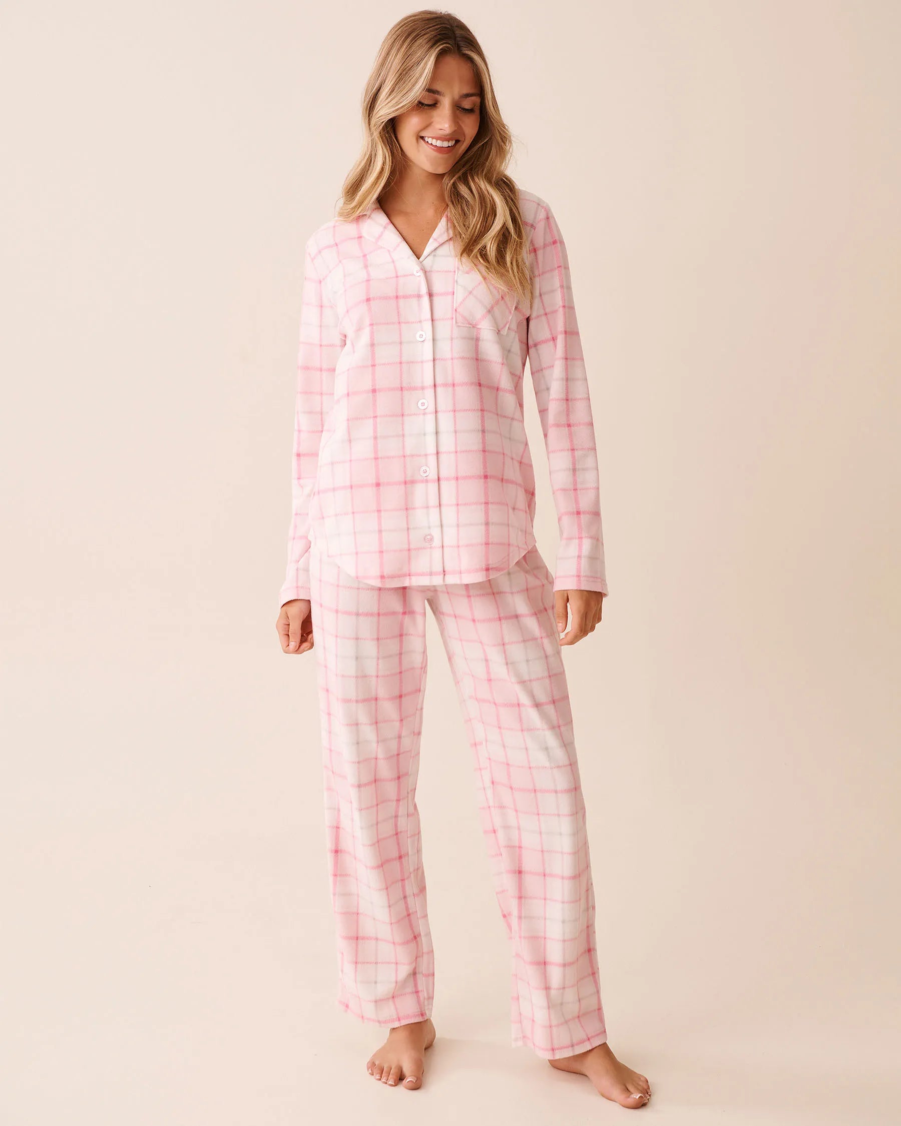 La Vie en Rose_Cherry Blossom Plaid_Pink Plaid Microfleece Pj Set_40400090_P60409_01