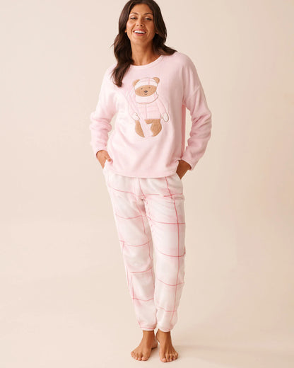 La Vie en Rose_Snow White Pink Plaid_Teddy Bear Print Soft Plush Pj Set_40400091_P10560_03