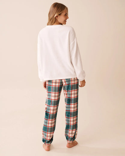 La Vie en Rose_Botanical Garden Beige Plaid_Deer Print Soft Plush Pj Set_40400092_P30135_03