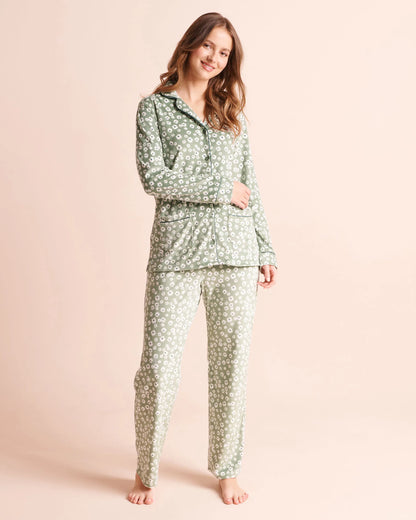 La Vie en Rose Green Milieu Flowers Women Floral Print Plush Velour Pajama Set SKU: 40400100_P30164 Image 01