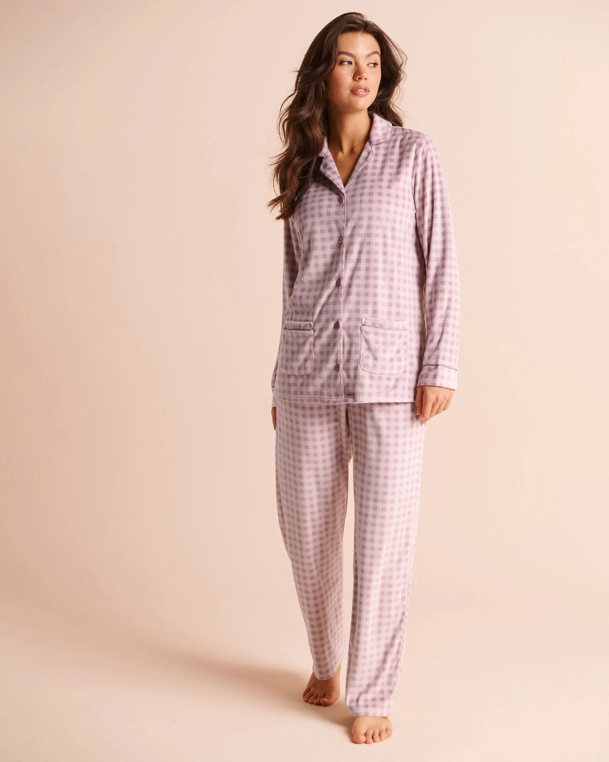 La Vie en Rose Elderberry Gingham Women Floral Print Plush Velour Pajama Set SKU: 40400100_P50121 Image 01