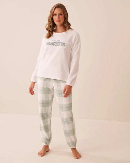 La Vie en Rose Belgium Block Plaid Women Green Plaid Soft Plush Pajama Set SKU: 40400101_P30167 Image 01