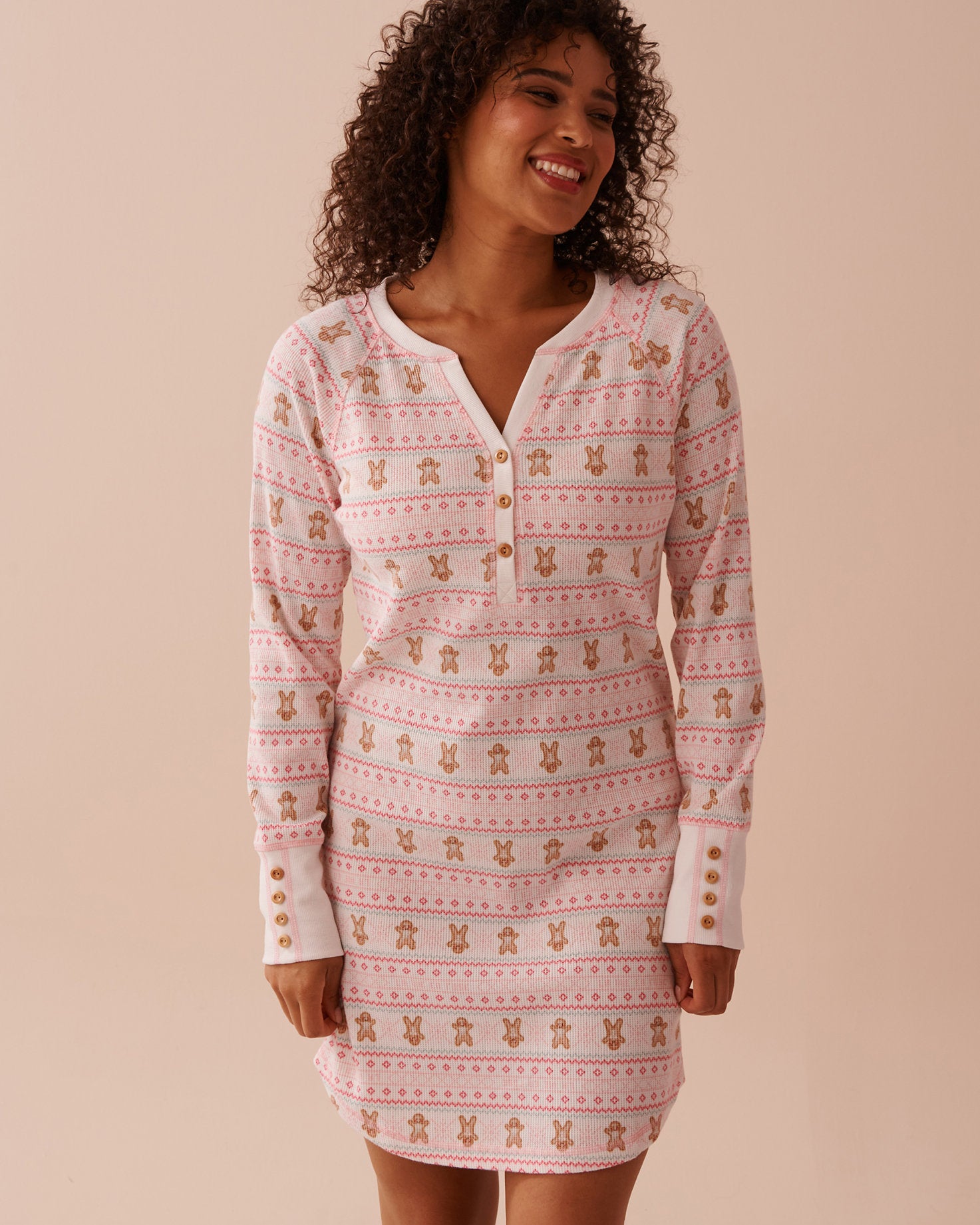 Gingerbread Print Waffle Knit Long Sleeve Sleepshi_40500387_P10453_01