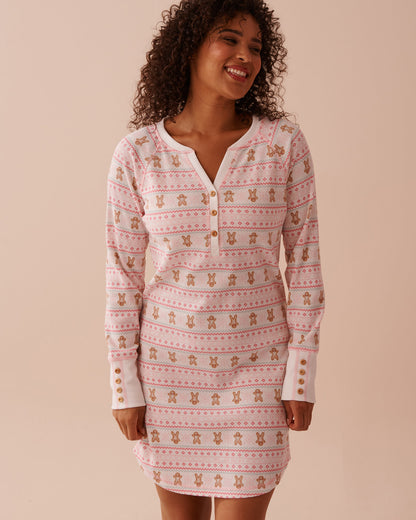 Gingerbread Print Waffle Knit Long Sleeve Sleepshi_40500387_P10453_01