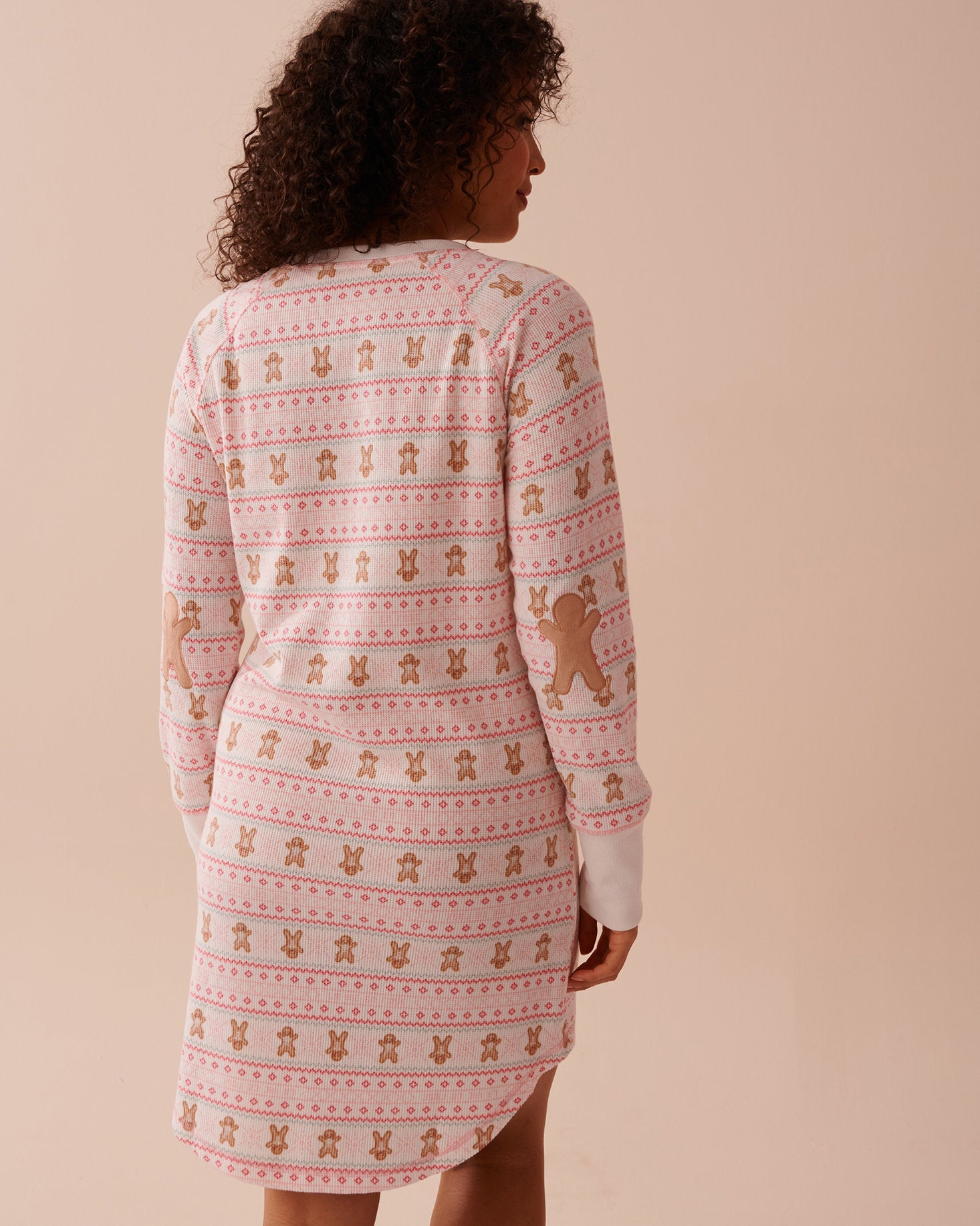 Gingerbread Print Waffle Knit Long Sleeve Sleepshi_40500387_P10453_02