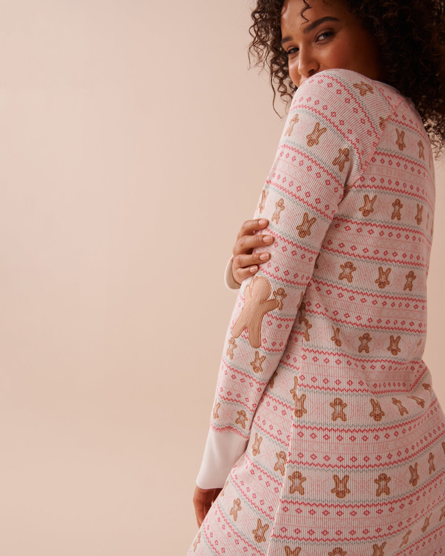 Gingerbread Print Waffle Knit Long Sleeve Sleepshi_40500387_P10453_04