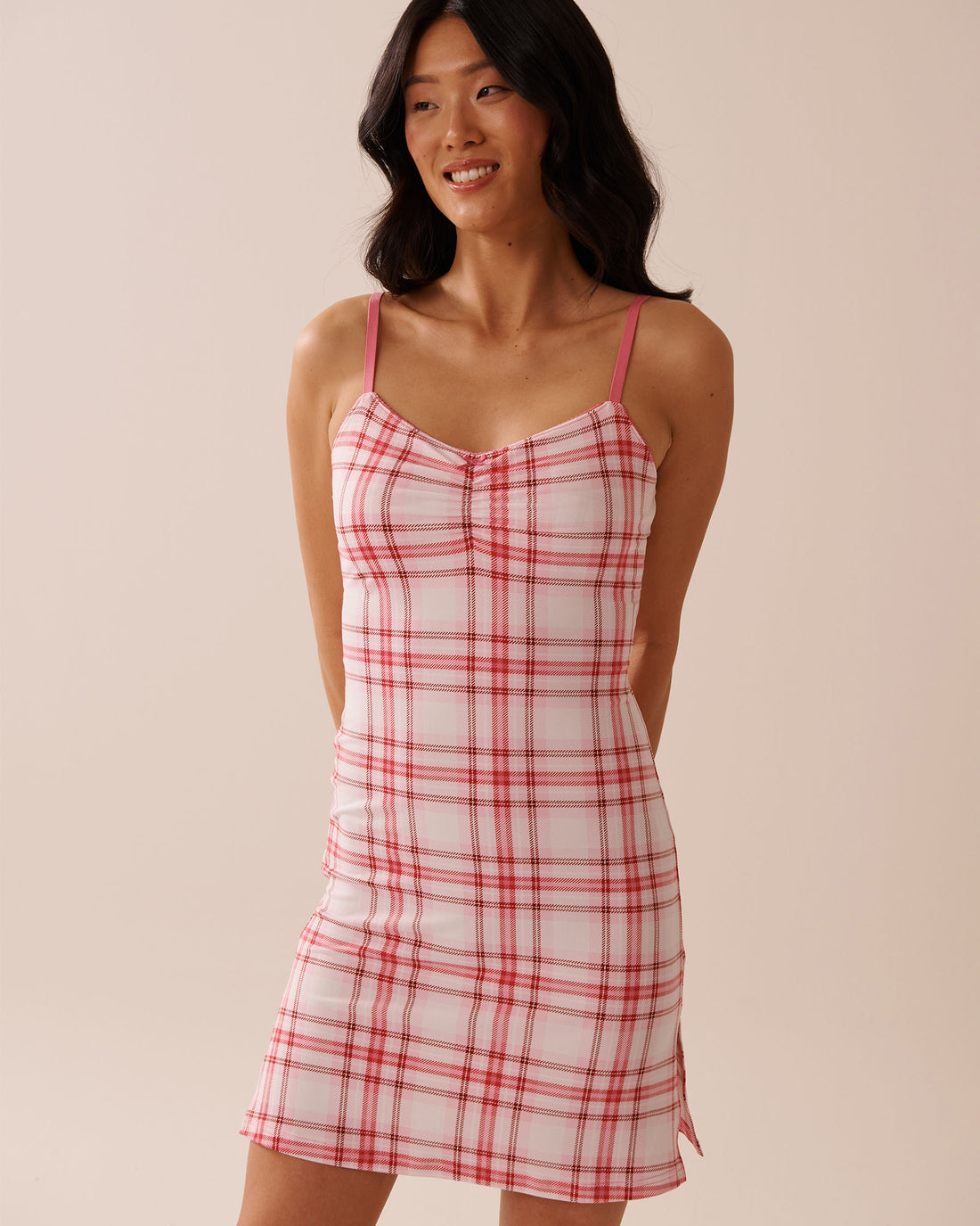 La Vie en Rose_Parfait Pink Plaid_Pink Plaid Super Soft Nightie with Shelf Bra_40500438_P60388_01