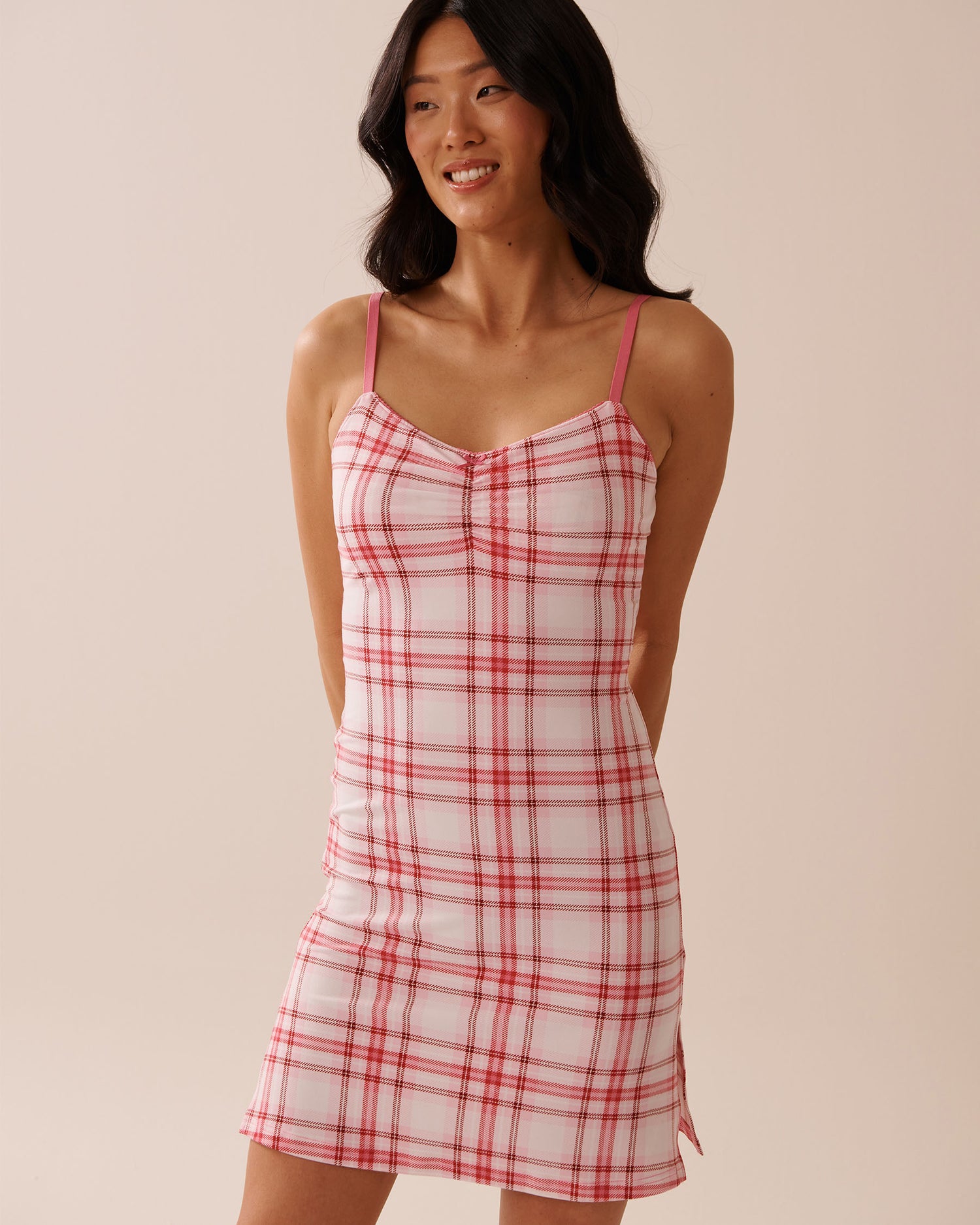 La Vie en Rose_Parfait Pink Plaid_Pink Plaid Super Soft Nightie with Shelf Bra_40500438_P60388_01