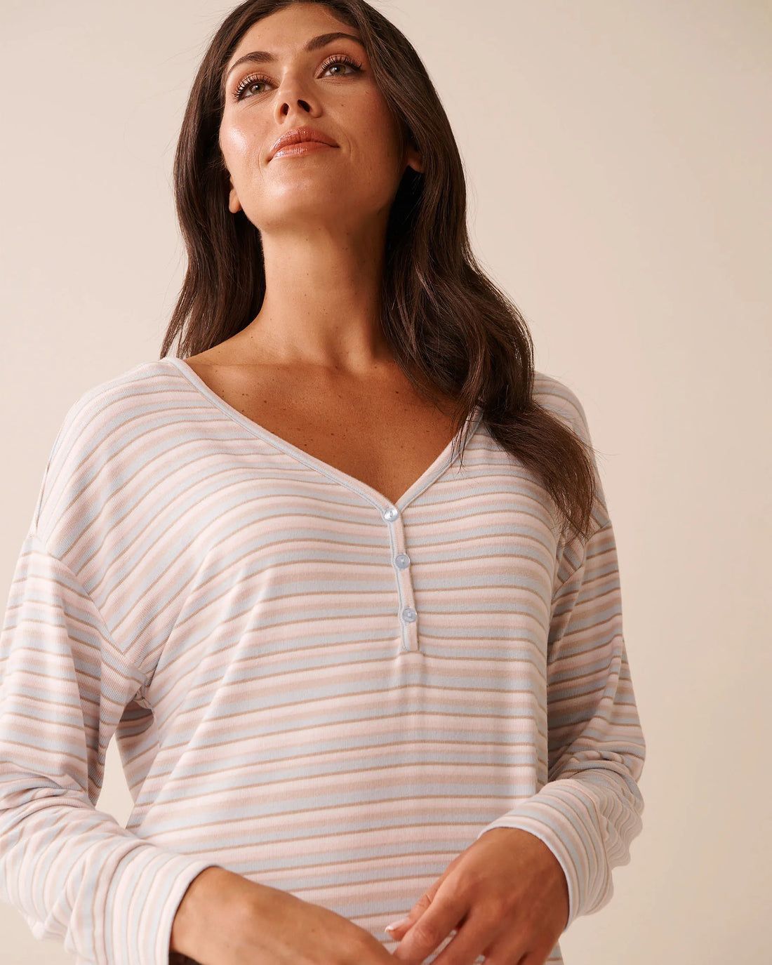La Vie en Rose_Baby Blue Multistripe_Pastel Stripe Recycled Fibers Long Sleeve Sleepshi_40500448_P40483_03