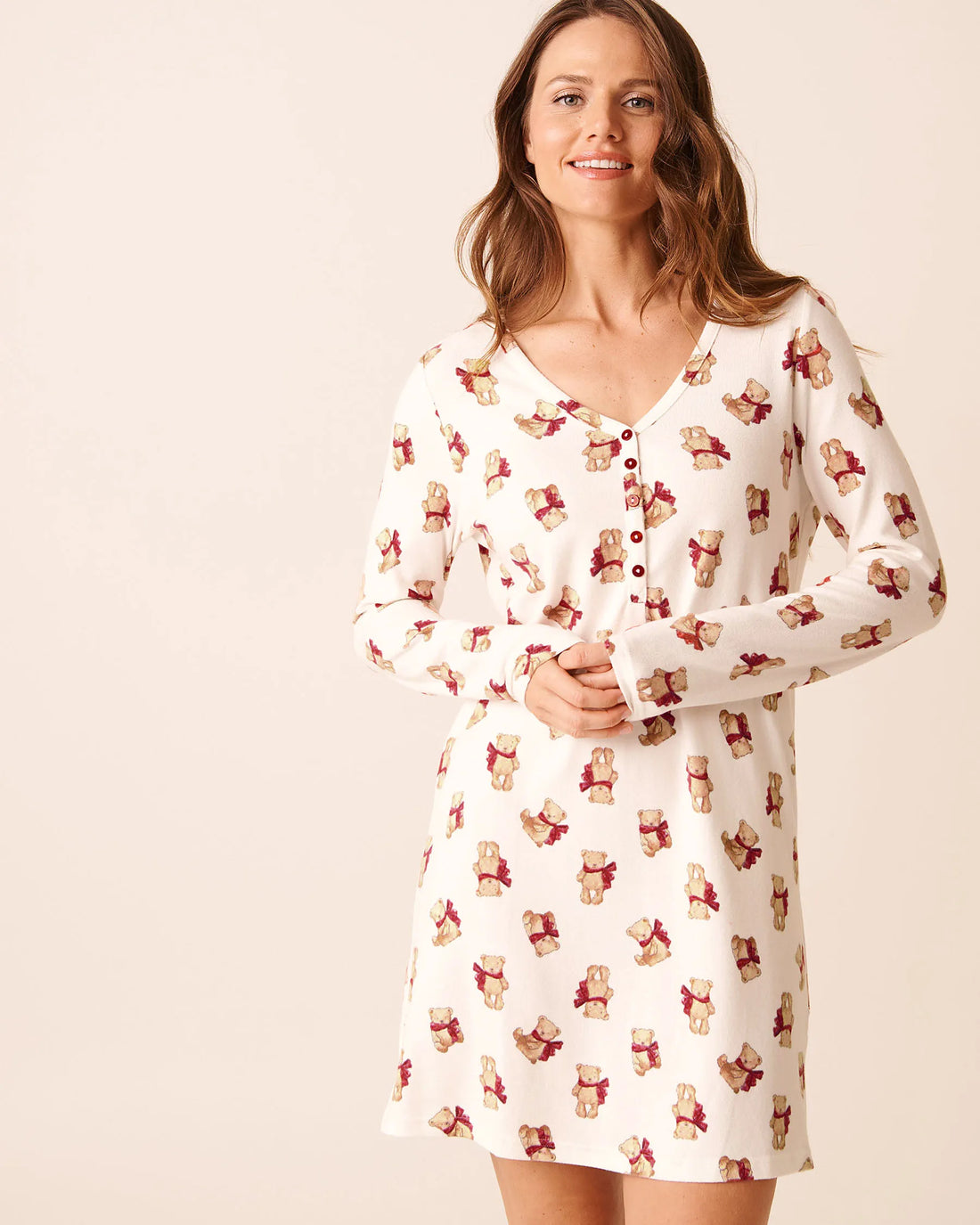 La Vie en Rose_Snow White Bow Teddy_Teddy Bear Print Recycled Fibers Long Sleeve Sleep_40500454_P10553_01