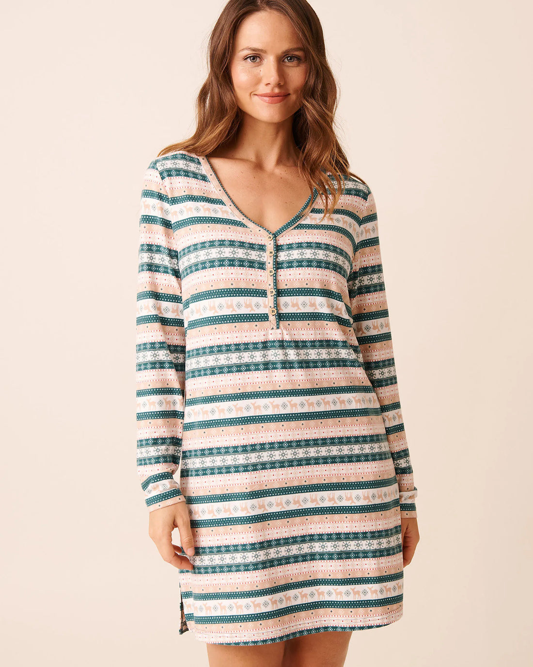 La Vie en Rose_Botanical Garden Deer Stripe_Deer Print Recycled Fibers Long Sleeve Sleepshirt_40500456_P30133_01