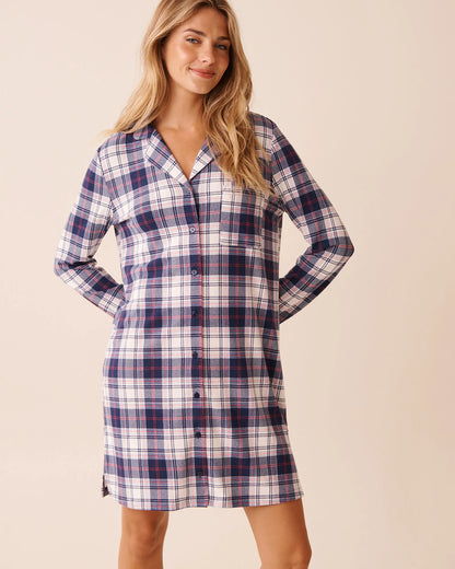 La Vie en Rose_Stonewash Plaid_Blue Plaid Recycled Fibers Button-down Sleepshirt_40500457_P40521_01