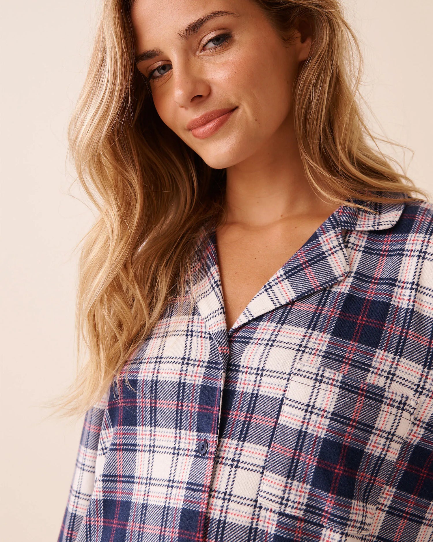 La Vie en Rose_Stonewash Plaid_Blue Plaid Recycled Fibers Button-down Sleepshirt_40500457_P40521_02