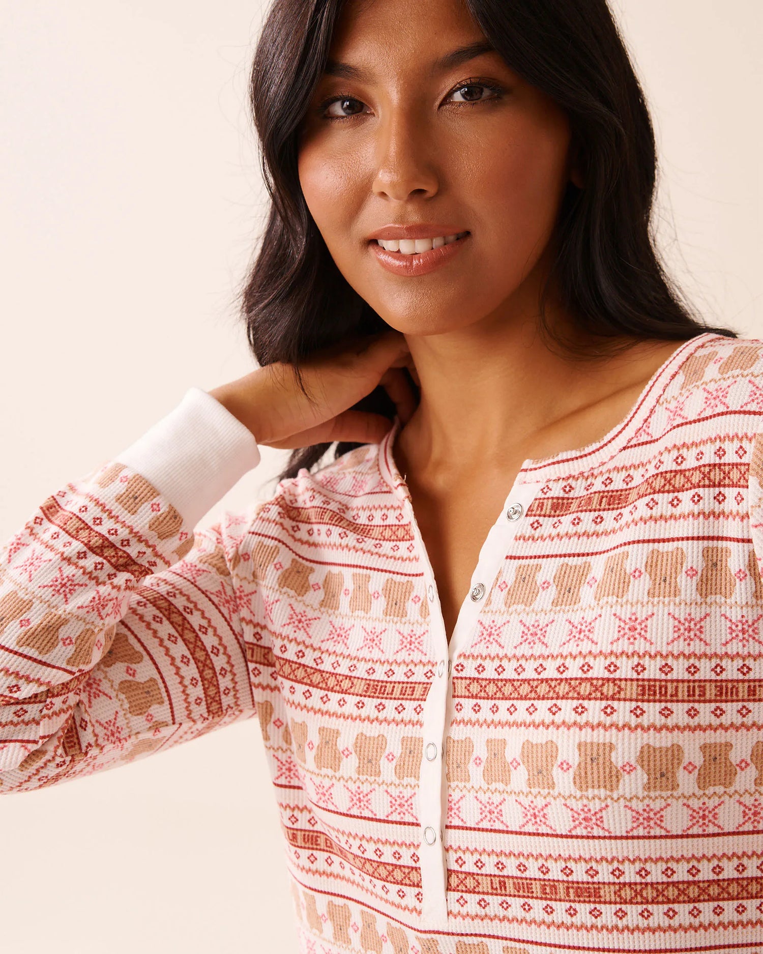 La Vie en Rose_Teddy Bear Nordic_Teddy Bear Print Waffle Knit Long Sleeve Sleepshirt_40500458_P10557_03