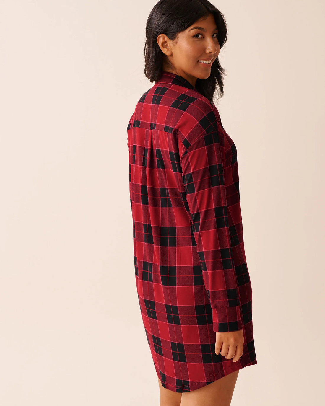 La Vie en Rose_Savvy Red Buffalo Plaid_Buffalo Plaid Super Soft Button-Down Sleepshirt_40500461_P60428_02