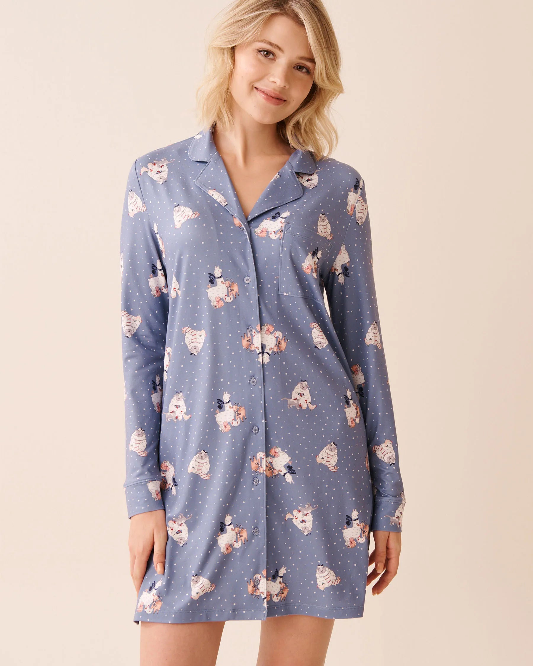 La Vie en Rose_Stonewash Sheep_Farm Friends Print Super Soft Button-down Sleepshi_40500462_P40519_01