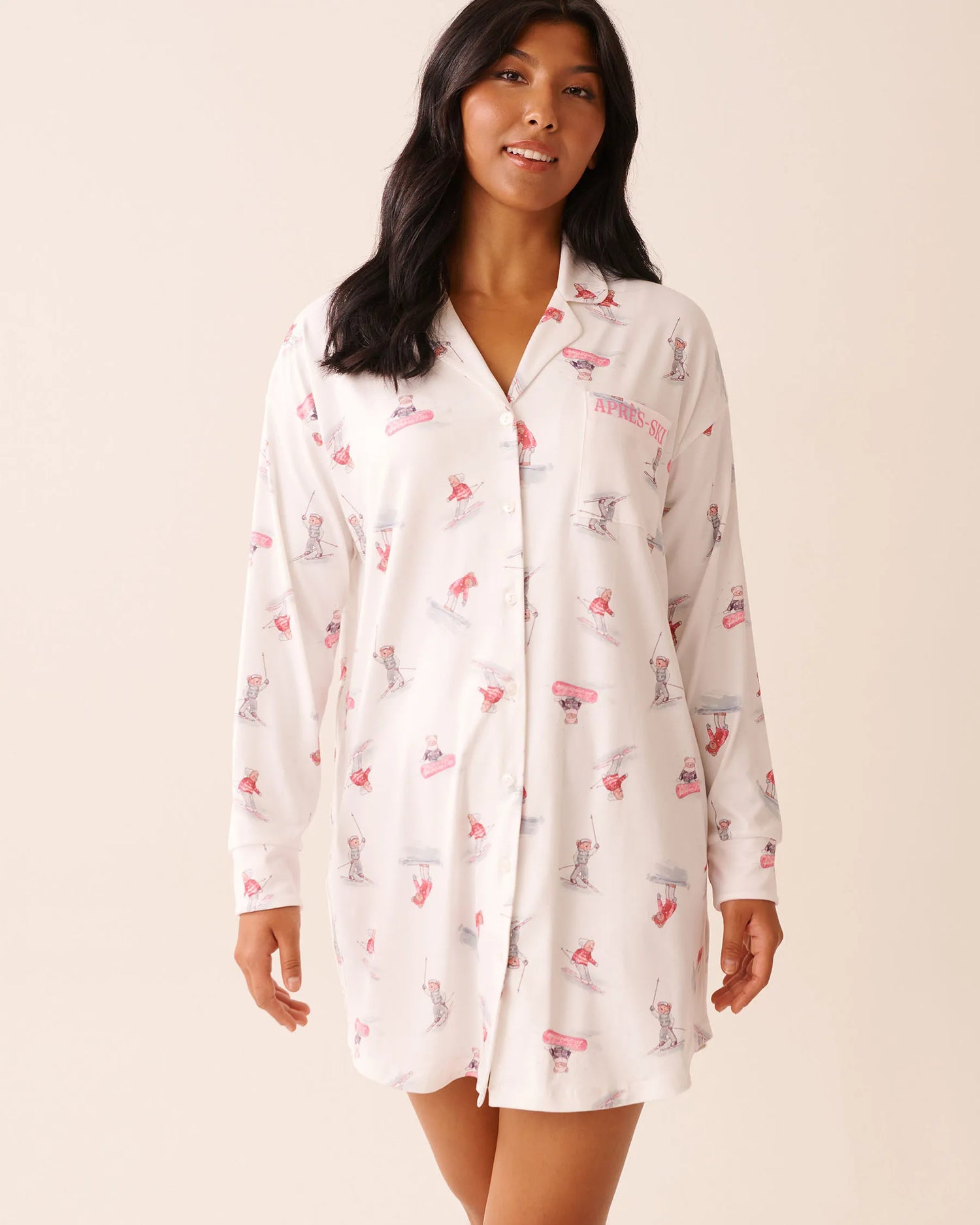 La Vie en Rose_Snow White Ski_Apr�s-Ski Print Super Soft Button-down Sleepshirt_40500466_P10550_01