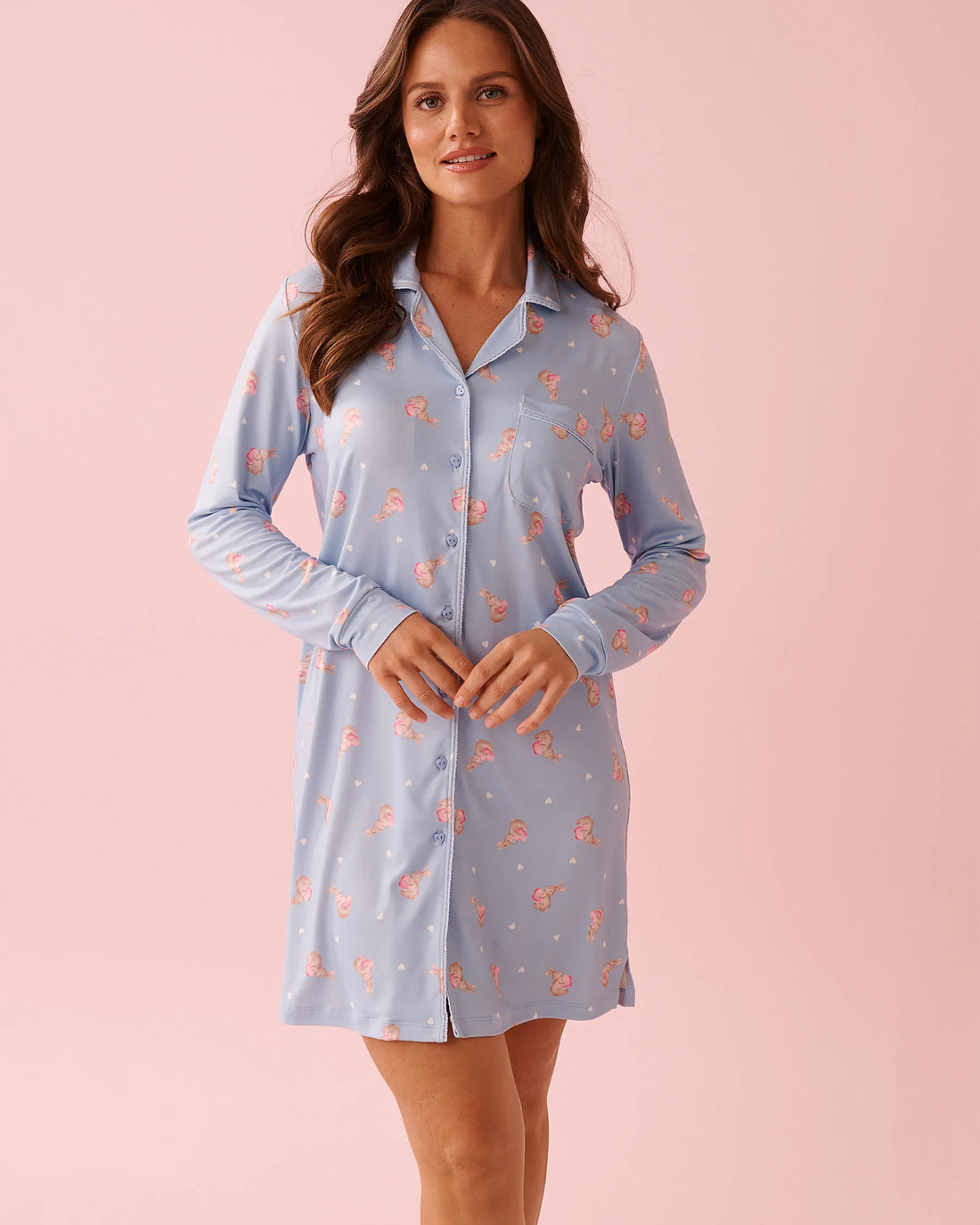 La Vie en Rose Windsurfer Rabbit Women Bunny Print Super Soft Button-down Sleepshirt SKU: 40500473_P40532 Image 01
