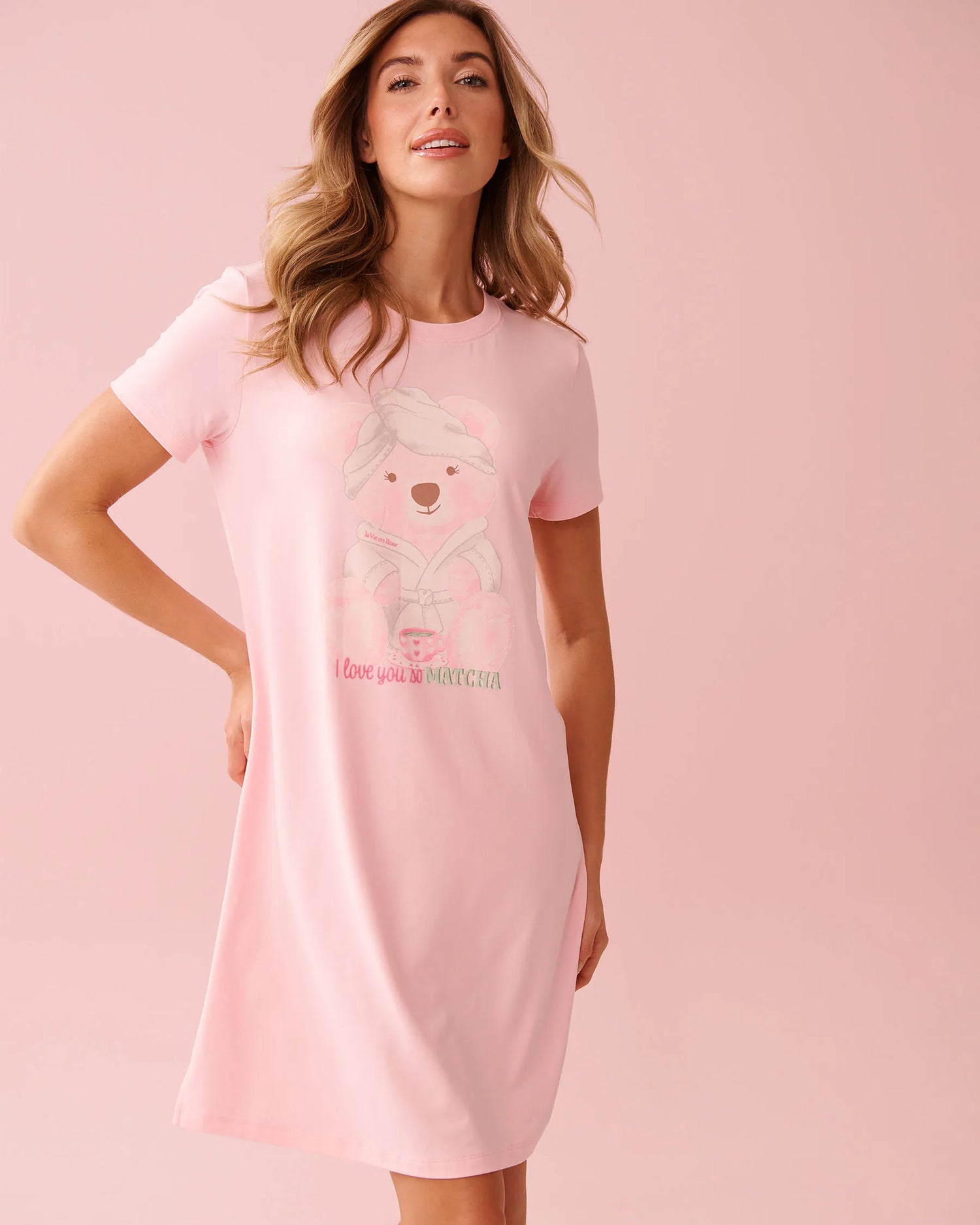 La Vie en Rose_Tickled Pink_Spa Time Teddy Print Super Soft Sleepshirt_40500475_60229_01