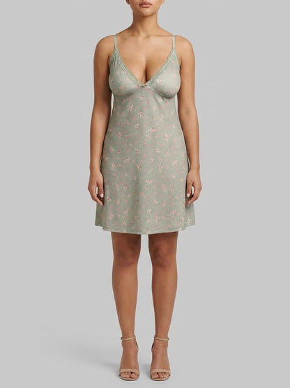 La Vie en Rose Mineral Gray Floral Women Cherry Blossom Print Lace Trim Super Soft Nightie SKU: 40500478_P30142 Image 00